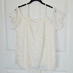 Women's Xhilaration Lace Off Shoulder Short Sleeve White Blouse Large